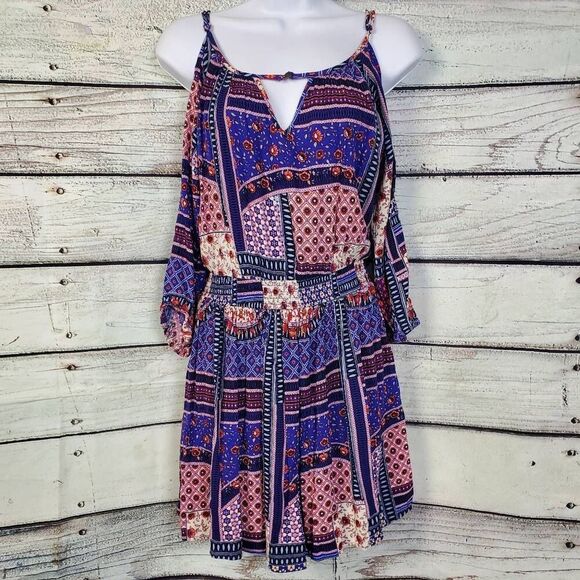 American Eagle Boho Cold Shoulder Patchwork Mini Dress Size S - Picture 1 of 8